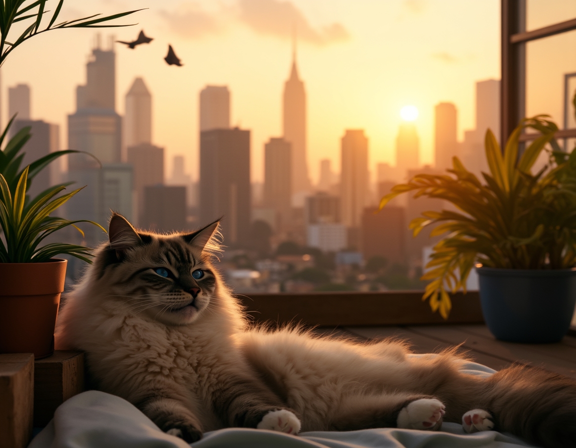 Cat relaxes on a rooftop terrace, enjoying the serenity above the urban buzz.